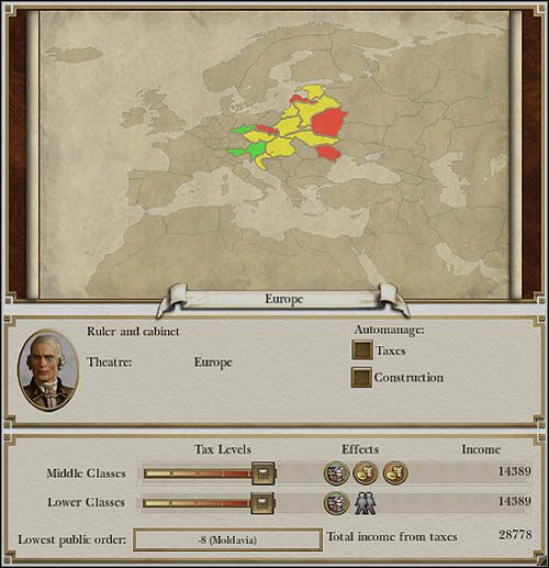 Na obrazku powyżej podatki ustawione są na maksymalny możliwy poziom - Podatki | Zarządzanie regionami w Empire Total War - Empire: Total War - poradnik do gry