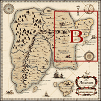 Na znajdującej się obok małej mapie całego świata Arcanum zaznaczony został fragment, którego większe zbliżenie znajduje się poniżej (zaznaczone zostały na nim wszystkie występujące w grze na danym terenie lokacje) - Mapa Świata #B | Arcanum Przypowieść o Maszynach i Magyi - Arcanum: Przypowieść o Maszynach i Magyi - poradnik do gry