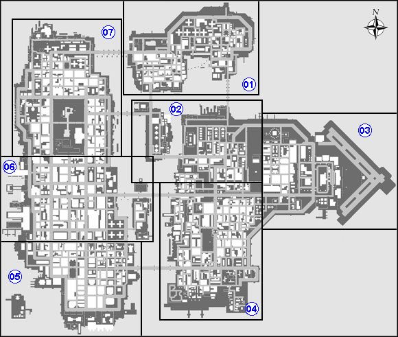Dla uzyskania większej dokładności, w poradniku w większości przypadków zastosowany został powyższy podział mapy na następujące fragmenty - Mapa Świata | Podstawy Grand Theft Auto Chinatown Wars - Grand Theft Auto: Chinatown Wars - poradnik do gry