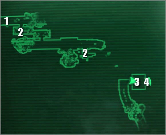 Oznaczenia na mapie: 1 - przejście do części zachodniej; 2 - składziki; 3 - M - Główne questy - Quest 3 (cz.2) | Broken Steel | Fallout 3 - Fallout 3 - poradnik do gry