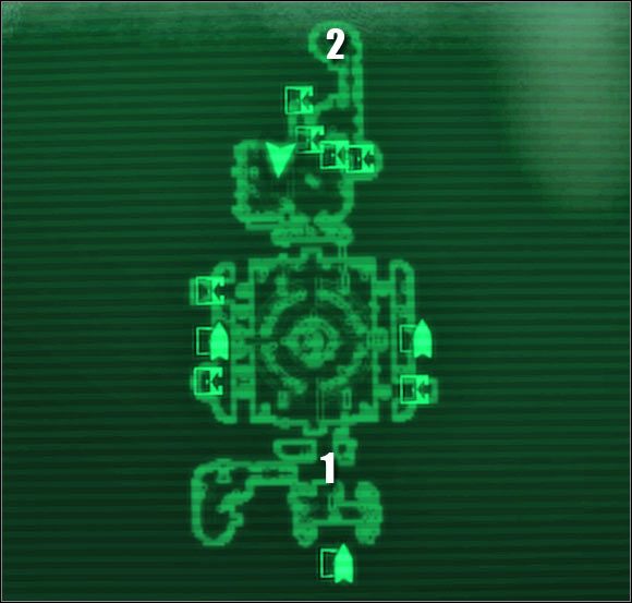 Oznaczenia na mapie: 1 - kapsuły z zamrożonymi więźniami oraz miejsce pozyskania nagrań - Główne questy - QUEST 2 Wstęp | Mothership Zeta | Fallout 3 - Fallout 3 - poradnik do gry