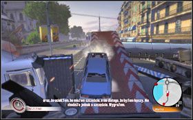 Pozbądź się jej przy pomocy Celnego strzału #1 , a następnie wjedź na rampę , by przeskoczyć ciężarówki #2 - Znajdź Gallo | Fabuła | Wheelman - Wheelman - poradnik do gry