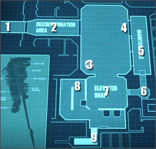 Oznaczenia na mapie: 1 - miejsce startu - Etap 40 - Cargo Deck (cz.1) - Assault on Dark Athena - Kroniki Riddicka: Assault on Dark Athena - poradnik do gry