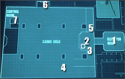 Oznaczenia na mapie: 1 - szyb windy - Etap 40 - Cargo Deck (cz.2) - Assault on Dark Athena - Kroniki Riddicka: Assault on Dark Athena - poradnik do gry