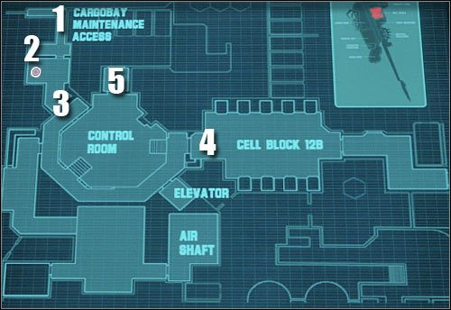 Oznaczenia na mapie: 1 - miejsce startu - Etap 41 - Celldecks (cz.1) - Assault on Dark Athena - Kroniki Riddicka: Assault on Dark Athena - poradnik do gry