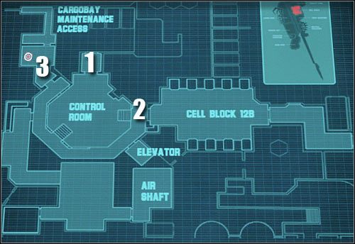 Oznaczenia na mapie: 1 - miejsce startu - Etap 41 - Celldecks #2 - Assault on Dark Athena - Kroniki Riddicka: Assault on Dark Athena - poradnik do gry