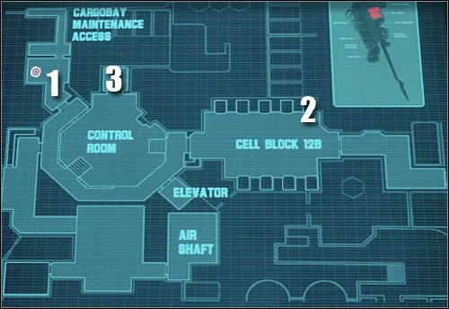 Oznaczenia na mapie: 1 - miejsce startu - Etap 41 - Celldecks #3 - Assault on Dark Athena - Kroniki Riddicka: Assault on Dark Athena - poradnik do gry