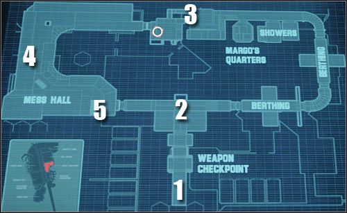 Oznaczenia na mapie: 1 - miejsce startu - Etap 45 - Red Alert - Assault on Dark Athena - Kroniki Riddicka: Assault on Dark Athena - poradnik do gry