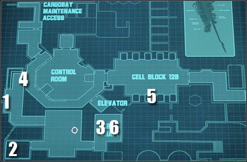 Oznaczenia na mapie: 1 - miejsce startu i Bounty Card - Etap 46 - Data Pad - Assault on Dark Athena - Kroniki Riddicka: Assault on Dark Athena - poradnik do gry