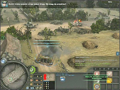 Bardzo szybko zdobędziesz parę punktów doświadczenia, które możesz przekuć na kilka ulepszeń dla swojego kociaka klikając przycisk dowódcy kompanii ulokowany przy minimapie - Misja 1 - Vilers-Bocage - Narodziny legendy (cz.1) - As Tygrysów - Company of Heroes: Chwała Bohaterom - poradnik do gry