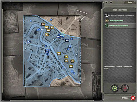 W rejonie skrzyżowania oznaczonego na mapie zielonym kółkiem umieściłem sekcję CKMu i saperów (w budynku po prawej stronie drogi), piechurów z panzerschreckiem w chałupie vis a vis i drużynę Luftwaffe z granatnikiem (za wrakiem jakiegoś pojazdu) - Misja 1 - Trun - Polowanie na muchy (cz.2) - Bitwa pod Falaise - Company of Heroes: Chwała Bohaterom - poradnik do gry