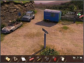 Maszerując dalej w lewo, dociera na parking, gdzie ze stojącego przy barakowozie turystycznego stolika zgarnia: scyzoryk , poziomicę , kłąb kabla i szmaciany woreczek - Francja - Gatineau (cz.1) | Tajne akta 2 Puritas Cordis - Tajne akta 2: Puritas Cordis - poradnik do gry