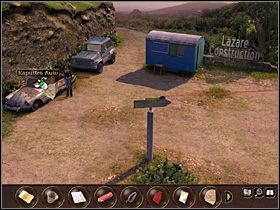 Tam również przy pomocy scyzoryka zdejmuje tablicę informującą, że w tym miejscu znajduje się parking (po lewej) i na tymże słupku instaluje tablicę ostrzegawczą - Francja - Gatineau (cz.2) | Tajne akta 2 Puritas Cordis - Tajne akta 2: Puritas Cordis - poradnik do gry