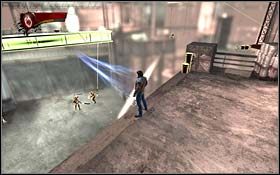 Przeskakuj dalej po rusztowaniach, a kiedy dotrzesz do lokacji z dźwigiem i podwieszoną pod nim szyną, zeskocz niżej - Please Excuse Our Dust | Rozdział 4 Mardi Gras | X-Men Origins Wolverine - X-Men Origins: Wolverine - poradnik do gry