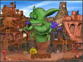 Teraz Sztrenkf wraca i wspina się na balkonik koło kwiatka (gdzie stał dotąd), zaś Thrabs zabiera wiadro i używa go na doniczce z kwiatami - Etap dziesiąty - Wielki Sałatini | Gobliiins 4 - Gobliiins 4 - poradnik do gry