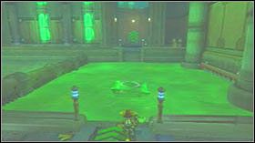 Biegnij przed siebie, dostań się na półkę powyżej wyskakując z trampoliny i na końcu wejdź na cysternę po wąskiej metalowej ścieżce - Gelatonium Plant, Plantet Cobalia | Opis przejścia - Ratchet & Clank: Tools of Destruction - poradnik do gry