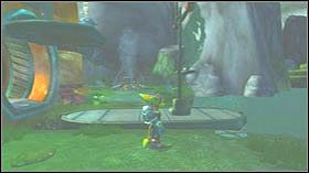 Wejdź na statek, wyskocz z niego dopiero, gdy się zatrzyma, po czym użyj 2 razy Swingshota - Pirate Base, Planet Ardolis | Opis przejścia - Ratchet & Clank: Tools of Destruction - poradnik do gry