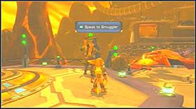 Wejdź na okrągłą platformę, która znajduje się obok Smugglera i naciśnij przycisk akcji - Lava Rafineries, Rykan V | Opis przejścia | Ratchet & Clank Tools of Destruction - Ratchet & Clank: Tools of Destruction - poradnik do gry
