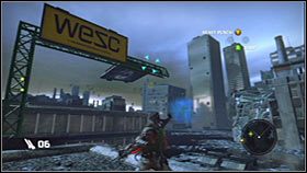 Rozbujaj się na linie, tak by móc doskoczyć do widocznego nieopodal budynku - Rozdział 2 - Trent Industrial District IV | Akt 1 Bionic Commando - Bionic Commando - poradnik do gry