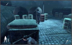 Przejdź przez most, dotrzesz do olbrzymich zbiorników, przy których stoją beczki z trucizną - Leave A Light On - Docks (cz.2) | Opis przejścia Velvet Assassin - Velvet Assassin - poradnik do gry