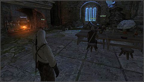 Mając wszystkie składniki eliksiru dla Triss , wróć do Lamberta (M2 - Wnętrze Kaer Morhen - piętro | Prolog | Solucja Wiedźmin - Wiedźmin: Edycja Rozszerzona - poradnik do gry