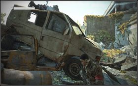 Poczekaj, aż Żniwiarz znów nie będzie strzelał, po czym wybiegnij na powierzchnię [1] i przywrzyj do wraku furgonetki z lewej [2] - Rozdział 2 - Dzięki Bogu (cz.3) | Opis przejścia | Terminator Ocalenie - Terminator: Ocalenie - poradnik do gry