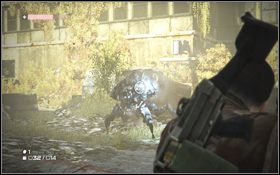 Aby szybko je pokonać najlepiej jest przebiec do zniszczonego budynku z prawej [1] , ukryć się za ścianą i ostrzelać je od tyłu [2] - Rozdział 4 - Widoki (cz.1) | Opis przejścia | Terminator Ocalenie - Terminator: Ocalenie - poradnik do gry