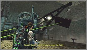 Zauważ, że dźwig musi wykonać obrót o około 180 stopni, tak więc cały czas korzystaj z linki, zaczepiając drugi koniec o coraz bardziej odległe obiekty z otoczenia - Etap 6 - Zaginiona wyspa (cz.1) | Opis przejścia Ghostbusters The Video Game - Ghostbusters: The Video Game - poradnik do gry