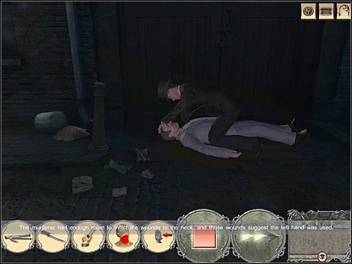 Drugi ciąg zdarzeń: ofiara leży - nóż - lewa ręka - szyja - morderca usytuowany przed ofiarą - [Opis przejścia] Bucks Row, noc z 1 na 2 września 1888 - Sherlock Holmes kontra Kuba Rozpruwacz - poradnik do gry