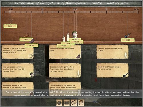 Ostatnia z ikonek to fajeczka (na ostatniej notatce na planszy), symbolizująca przybycie Sherlocka i Watsona na miejsce zbrodni o godzinie 6 - [Opis przejścia] Baker Street, 12 września 1888 (cz.1) - Sherlock Holmes kontra Kuba Rozpruwacz - poradnik do gry