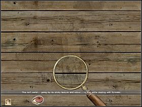 Przy pomocy lupy przyjrzyj się odciskowi podeszwy buta (prawa stopa, mężczyzna biegł) i cieczy wokół odcisku (formalina) - [Opis przejścia] Whitechapel, noc z 29 na 30 września 1888 - Sherlock Holmes kontra Kuba Rozpruwacz - poradnik do gry