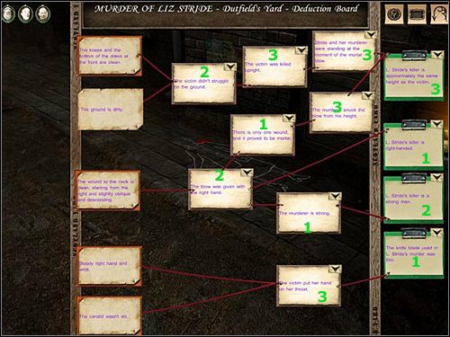 TABLICA DEDUKCJI (morderstwo Liz Stride - Dutfields Yard) - [Opis przejścia] Dutfields Yard, noc z 7 na 8 października 1888 - Sherlock Holmes kontra Kuba Rozpruwacz - poradnik do gry