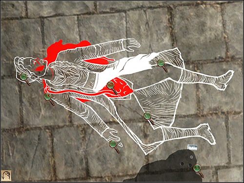 Wyjdź ze zbliżenia twarzy i dokonaj dalszych oględzin: wyciągniętego aż na prawe ramię jelita, otwartego brzucha, z którego wycięto macicę i nerkę, urwanego fragmentu białego fartucha, wewnętrznej strony prawego uda, leżącego przy prawej ręce naparstka i kilku innych przedmiotów nieco niżej - [Opis przejścia] Mitre Square, noc z 7 na 8 października 1888 - Sherlock Holmes kontra Kuba Rozpruwacz - poradnik do gry