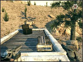 Kolejny unikatowy przedmiot ukryty został w skrzyni na dachu białego budynku, który znajduje się w obrębie 500 metrów od handlarza bronią (za niewielkim wzgórzem) - Sekrety | Rozdział VI | Call of Juarez Więzy Krwi - Call of Juarez: Więzy Krwi - poradnik do gry