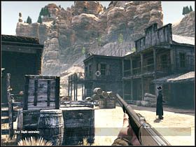 Gdy wjedziesz pomiędzy budynki, zsiądź z konia i przejdź przez ogrodzenie (wiadomo, metoda zależy od brata, którym grasz) - Opis przejścia (1) | Rozdział VII | Call of Juarez Więzy Krwi - Call of Juarez: Więzy Krwi - poradnik do gry