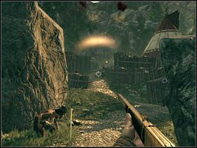 Chwilę później, pokonując kilka kolejnych kroków, dojdzie do kolejnej scenki; tym razem zostaniesz zauważony [sekret] - Opis przejścia (1) | Rozdział XI | Call of Juarez Więzy Krwi - Call of Juarez: Więzy Krwi - poradnik do gry