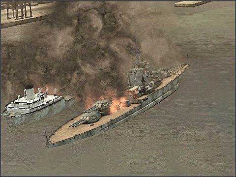 Teraz już możesz zbombardować w podobny sposób (z lotu poziomego) Nevadę - w krótkich odstępach czasu wykonaj dwa naloty na to żelazko atakując je w jego osi wzdłużnej (będzie ci łatwiej trafić w nie bombą) - Misja 1 - Attack on Pearl Harbor | Japonia | Battlestations Pacific - Battlestations: Pacific - poradnik do gry