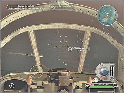 Dlatego warto postarać się jak najszybciej wyłączyć je z walki, atakując pas startowy, parkujące obok niego samoloty, hangary, budynek lotniska, a nawet maszyny właśnie podrywające się do lotu - Misja 5 - Invasion of Port Moresby (cz.2) | Japonia | Battlestations Pacific - Battlestations: Pacific - poradnik do gry