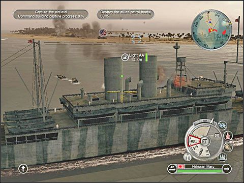 Komputer znowu może przydzielić ci zadanie dodatkowe, tym razem zniszczenia alianckich kutrów patrolowych, które najprawdopodobniej pojawią się u dołu mapy, na południe od wyspy z lotniskiem - Misja 5 - Invasion of Port Moresby (cz.3) | Japonia | Battlestations Pacific - Battlestations: Pacific - poradnik do gry