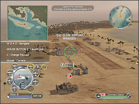 Startujące ze zdobycznego lotniska Vale dźwigające 500-kg bombki świetnie sprawdzają się w atakowaniu pojedynczych fortyfikacji, zaś maszyny typu Nell (z lukami wyładowanymi po brzegi bombami) przeznaczone są do dywanowych bombardowań z lotu poziomego i sporej wysokości celów zajmujących większą pow - Misja 5 - Invasion of Port Moresby (cz.3) | Japonia | Battlestations Pacific - Battlestations: Pacific - poradnik do gry