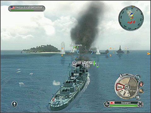 Dobijaj najciężej uszkodzone wraże okręty salwami dział artyleryjskich twoich pancerników - znowu koncentruj ogień na jednym, ledwo już zipiącym celu - Misja 9 - Solomons Skirmish (cz.2) | Japonia | Battlestations Pacific - Battlestations: Pacific - poradnik do gry