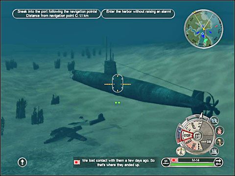 Jeśli teraz z tego miejsca popłyniesz dalej na zachód kierując się w odnogę również biegnącą na zachód to dotrzesz do jakiejś podwodnej jaskini z wiszącym w niej na ścianie obrazem czy czymś podobnym (dokładnie w tym miejscu znajduje się na mapie dwa obrazki wyżej mój okręt podwodny) - Misja 10 - Attack on Sydney Harbour | Japonia | Battlestations Pacific - Battlestations: Pacific - poradnik do gry