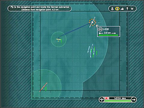 Po dotarciu do punktu nawigacyjnego (dystans do niego odmierzany jest na ekranie) powinieneś 2) wylądować na wodzie blisko niemieckiego okrętu podwodnego - Misja 12 - Meet the Germans (cz.1) | Japonia | Battlestations Pacific - Battlestations: Pacific - poradnik do gry
