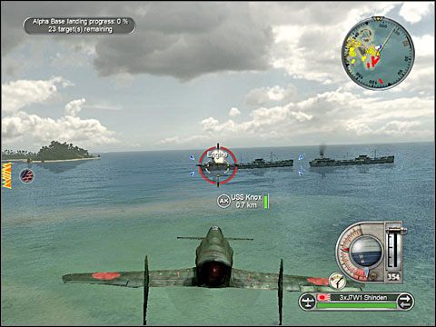 Zbliżając się do niej od północy znowu możesz cofnąć przepustnicę by po kolei zneutralizować wszystkie znajdujące się tutaj cele, począwszy od stacji radiowej a skończywszy na kilku pobudowanych wokół niej stanowiskach przeciwlotników - Misja 13 - The Road to Hawaii (cz.1) | Japonia | Battlestations Pacific - Battlestations: Pacific - poradnik do gry