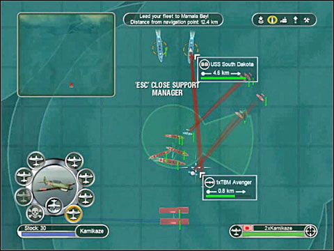 Nie dawaj chwili wytchnienia obu amerykańskim pancernikom: parkuj na nich maszyny kamikadze, jeśli trzeba - również storpeduj (torpedami zrzucanymi przez samoloty i wystrzeliwanymi przez niszczyciele) i zasyp bombami - Misja 14 - Invasion of Hawaii (cz.2) | Japonia | Battlestations Pacific - Battlestations: Pacific - poradnik do gry