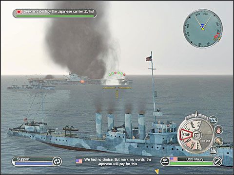 Jeśli jednak zależy ci na zdobyciu złotego medalu za misję to wypada zrealizować też cel ukryty, a więc zatopić przynajmniej jeden pancernik z sił awangardy - Misja 3 - Battle of Santa Cruz (cz.2) | USA | Battlestations Pacific - Battlestations: Pacific - poradnik do gry
