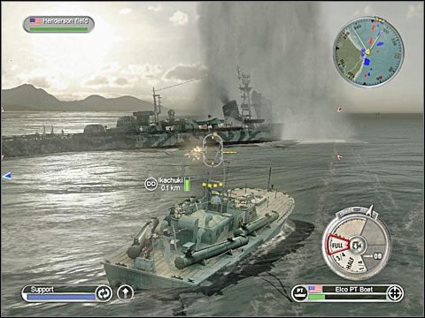 Jeśli jednak Japończycy zdołają dotrzeć w pobliże brzegu, na który amerykańskie transportowce powinny już wypluwać zawartość swoich ładowni to pamiętaj jeszcze o możliwości ostrzelania nieprzyjaciela ze stanowisk artylerii znajdujących się na lądzie, kierując nimi z centrum dowodzenia - Misja 4 - Defense of Henderson Field (cz.2) | USA | Battlestations Pacific - Battlestations: Pacific - poradnik do gry