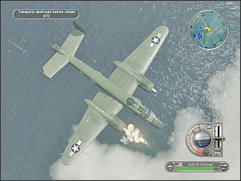 Moment, w którym na niebie pojawiają się amerykańskie bombowce, zaś kolejna grupa japońskich statków transportowych znajduje się stosunkowo daleko od plaży, do której zmierza, to dobra pora by myśliwskie Warhawki wykonały zadanie ukryte - Misja 6 - 2nd Battle of Guadalcanal (cz.2) | USA | Battlestations Pacific - Battlestations: Pacific - poradnik do gry