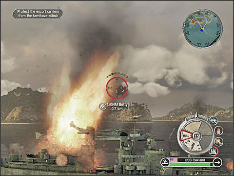Po odparciu przez ciebie kilku fal kamikadze z pokładów lotniskowców wzniosą się w powietrze bombowce SB2C Helldiver i skierują nad lotnisko na pobliskiej wyspie, z którego startują do samobójczych lotów japońskie maszyny - Misja 9 - Divine Winds of Leyte | USA - Battlestations: Pacific - poradnik do gry