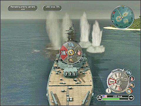 Minąwszy wyspy zmień kurs na zachodni, płynąc równolegle do wrażej flotylli i zatop po kolei wszystkie japońskie okręty ogniem potężnych dział obu swoich pancerników - Misja 10 - Battle of Cape Engano (cz.1) | USA | Battlestations Pacific - Battlestations: Pacific - poradnik do gry